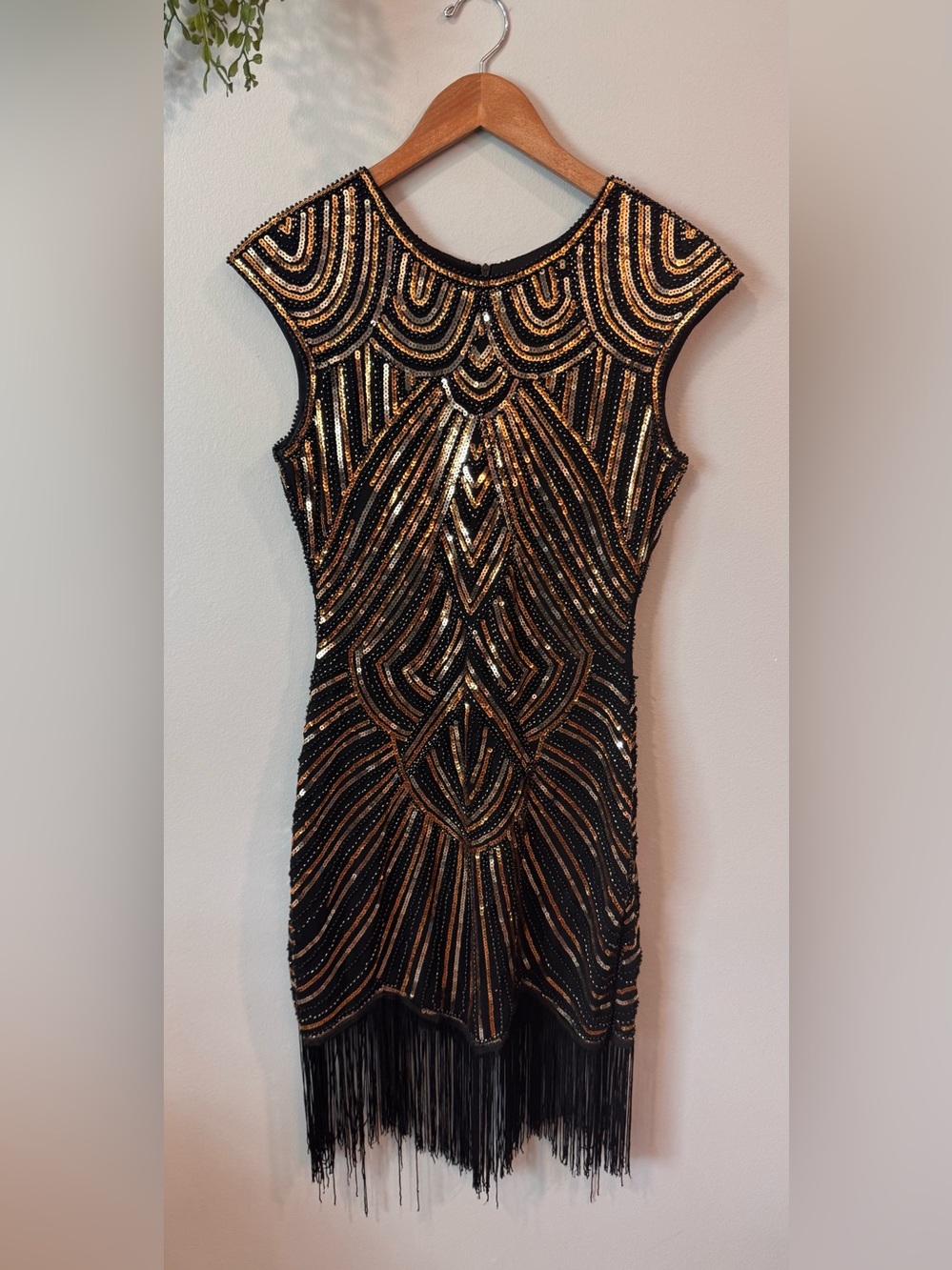 Babeyond Black & Gold Beaded Fringe Mini Dress - Glam Cocktail Dress Size M